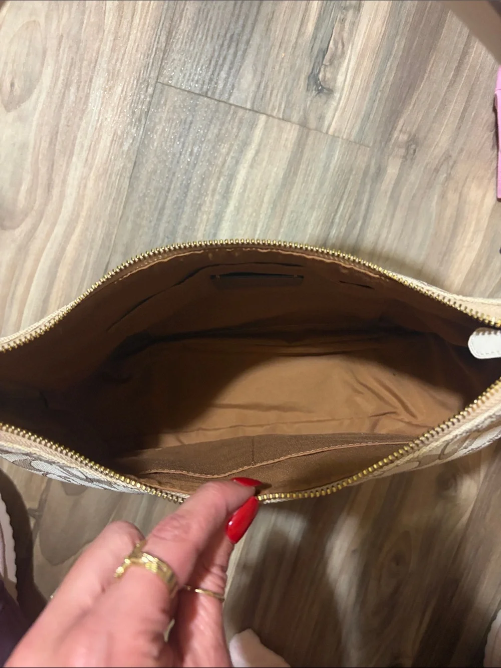 Coach Signature Pebbled Hobo Bag in Beige and White